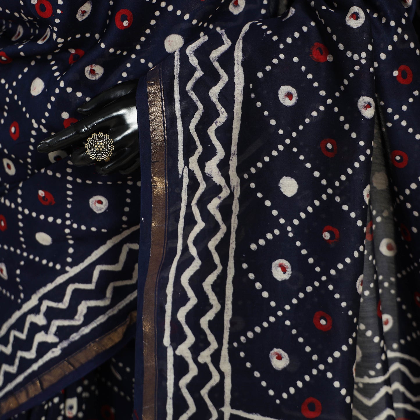 Block Print Chanderi Silk Bagru Saree with Zari Border