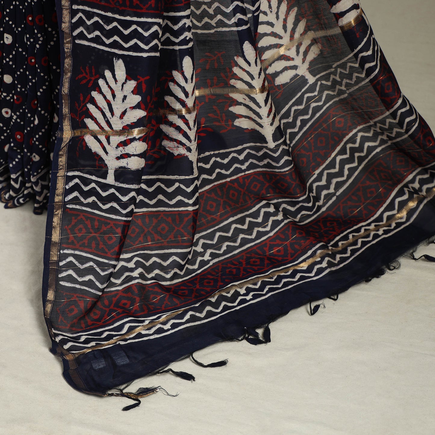 Block Print Chanderi Silk Bagru Saree with Zari Border