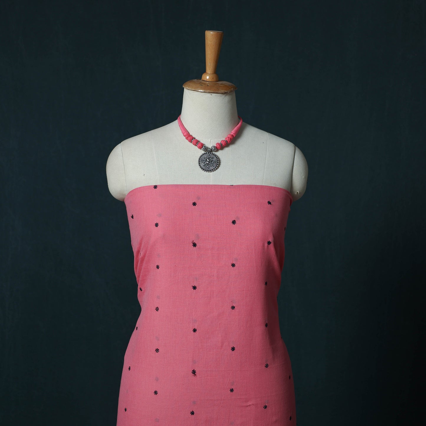 Jacquard Cotton 2pc Unstitched Dress Material Kurta Set with Jewellery Set 10