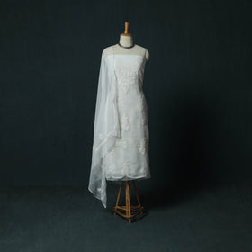 White - Lucknowi Chikankari Hand Embroidered Georgette 3pc Unstitched Dress Material Suit Set 49