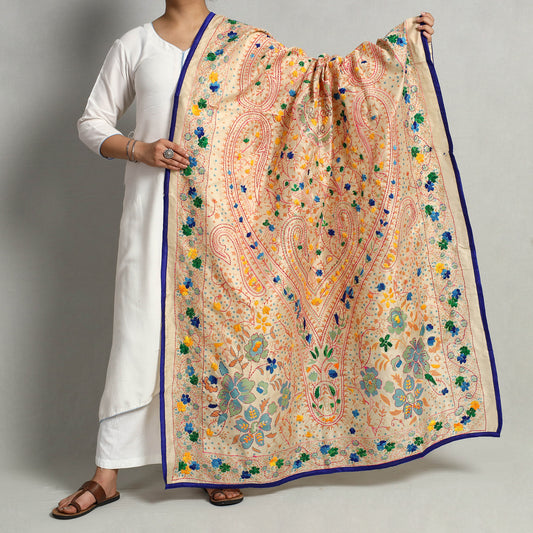 Blue - Ranihati Chanderi Silk Chapa Work Phulkari Embroidered Printed Dupatta