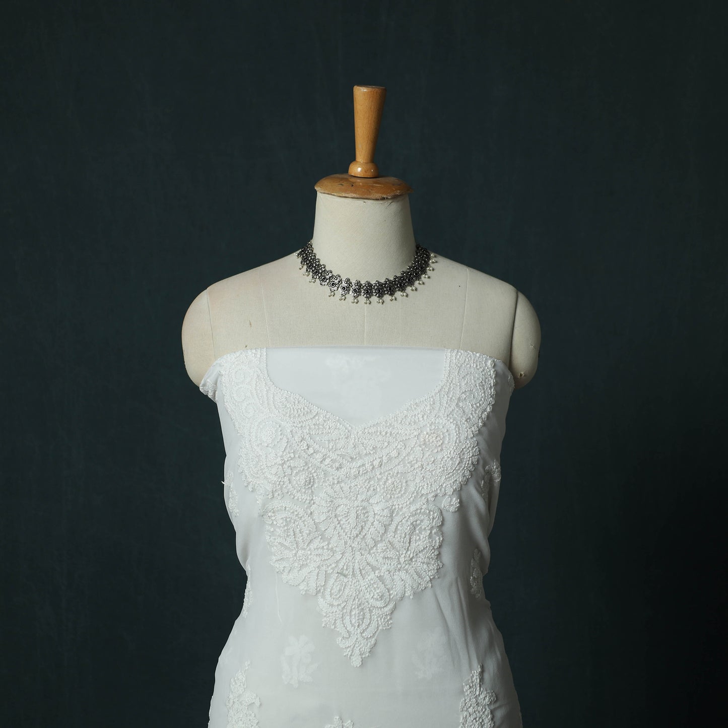 White - Lucknowi Chikankari Hand Embroidered Georgette 3pc Unstitched Dress Material Suit Set 49