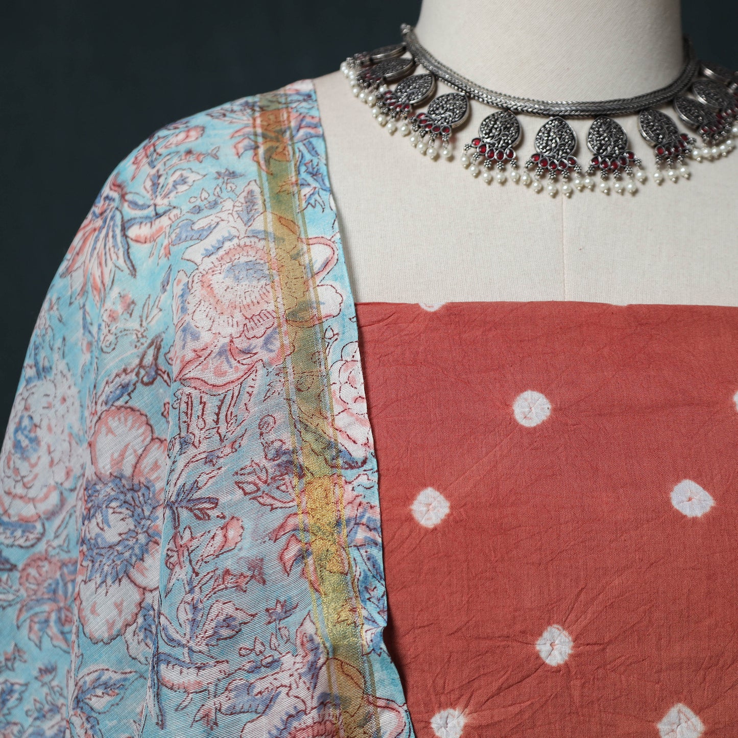 Kutch Bandhani Cotton 2pc Unstitched Dress Material Kurta Set with Earrings 37