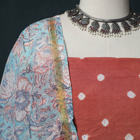 Kutch Bandhani Cotton 2pc Unstitched Dress Material Kurta Set with Earrings 37