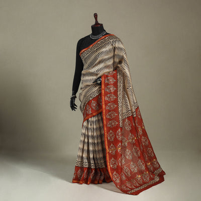Block Print Chanderi Silk Bagru Saree with Zari Border