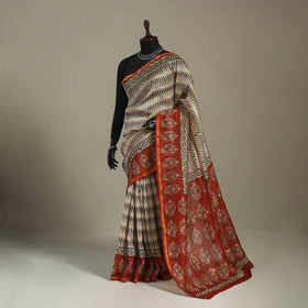 Block Print Chanderi Silk Bagru Saree with Zari Border