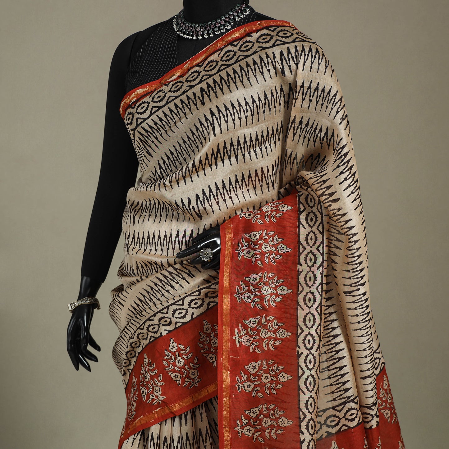 Block Print Chanderi Silk Bagru Saree with Zari Border