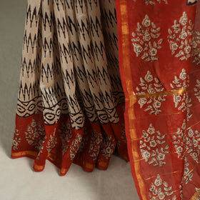 Block Print Chanderi Silk Bagru Saree with Zari Border