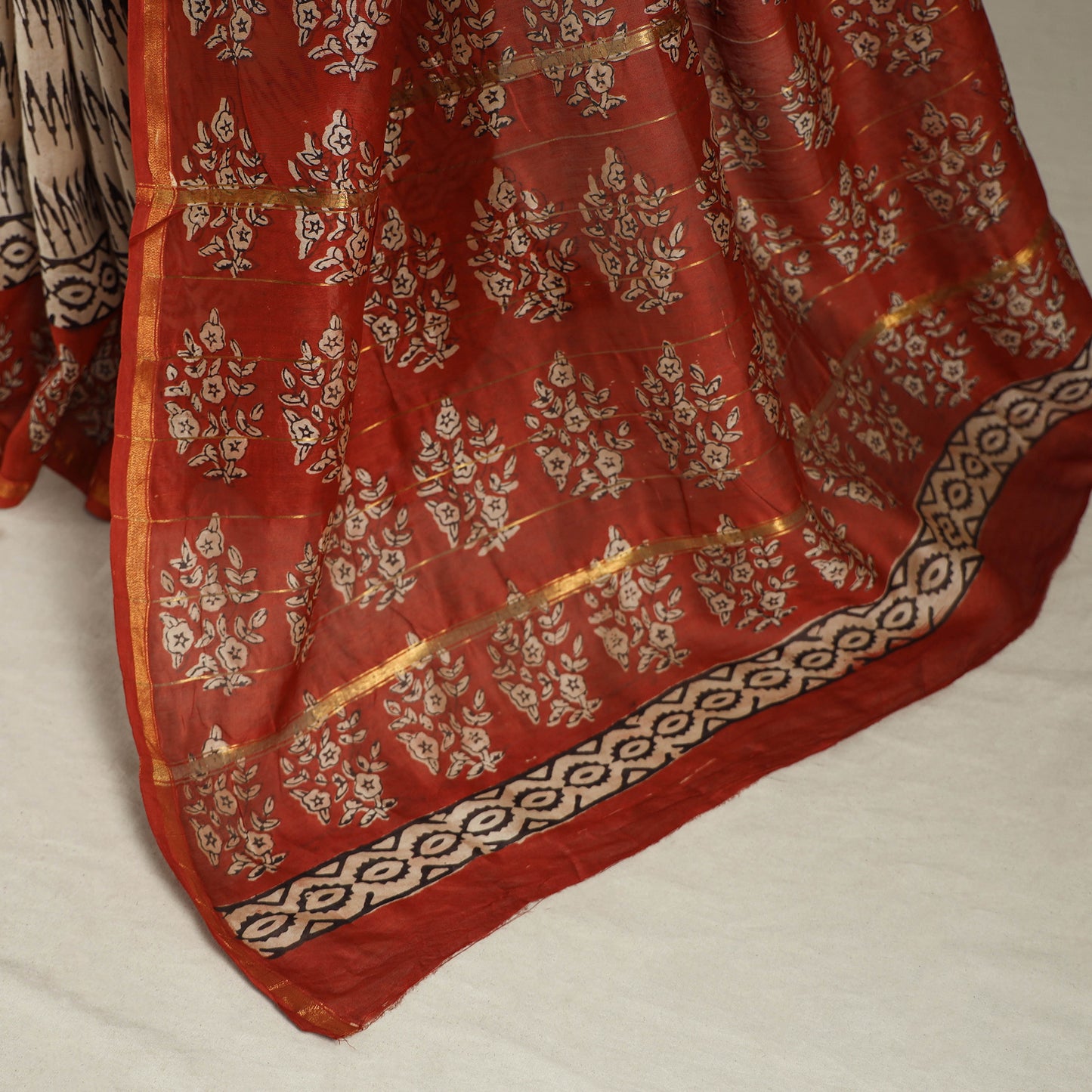 Block Print Chanderi Silk Bagru Saree with Zari Border