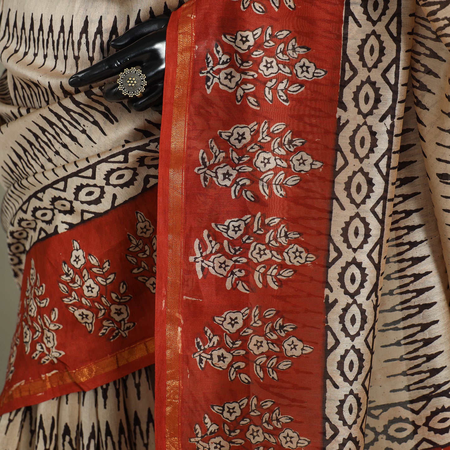 Block Print Chanderi Silk Bagru Saree with Zari Border