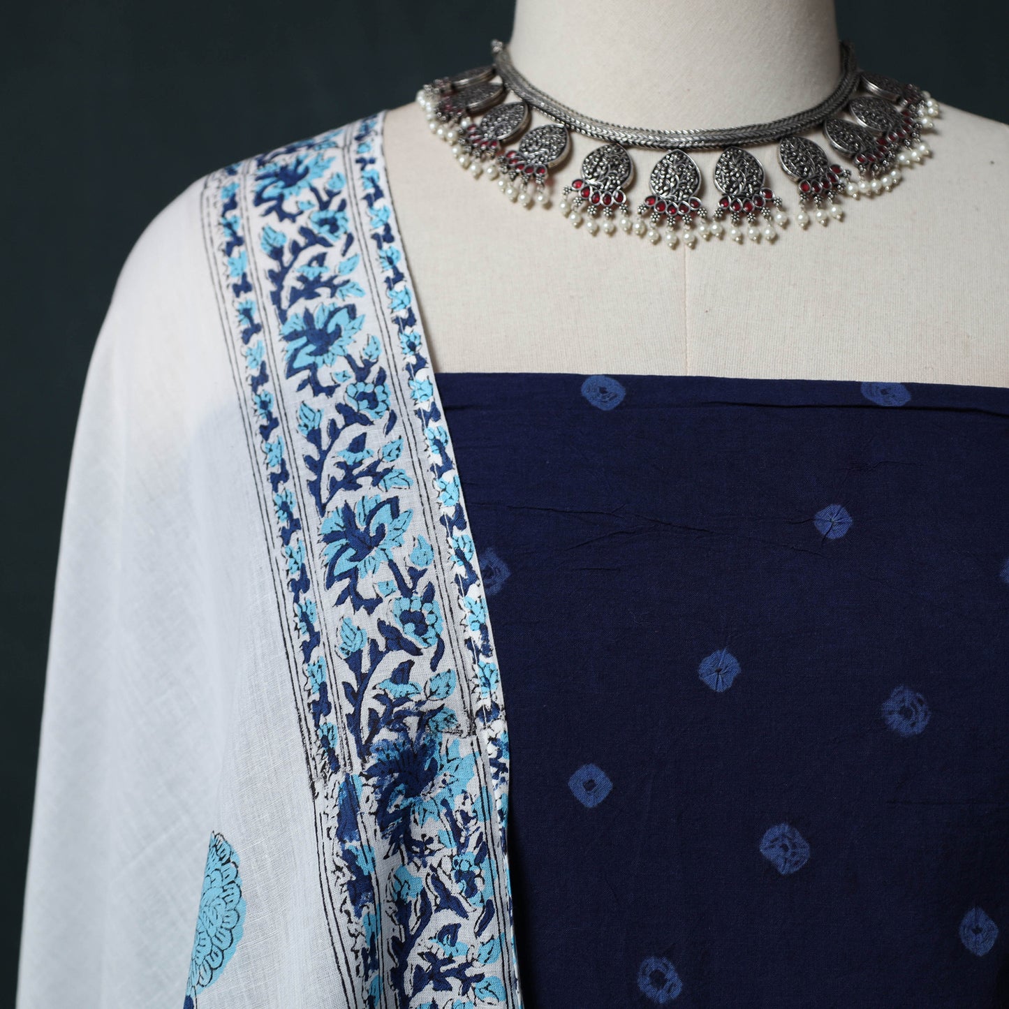 Kutch Bandhani Cotton 2pc Unstitched Dress Material Kurta Set with Earrings 38