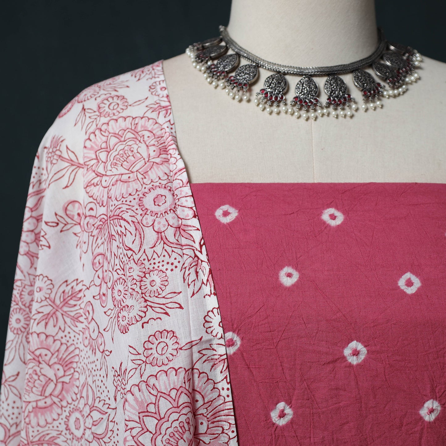 Kutch Bandhani Cotton 2pc Unstitched Dress Material Kurta Set with Earrings 39