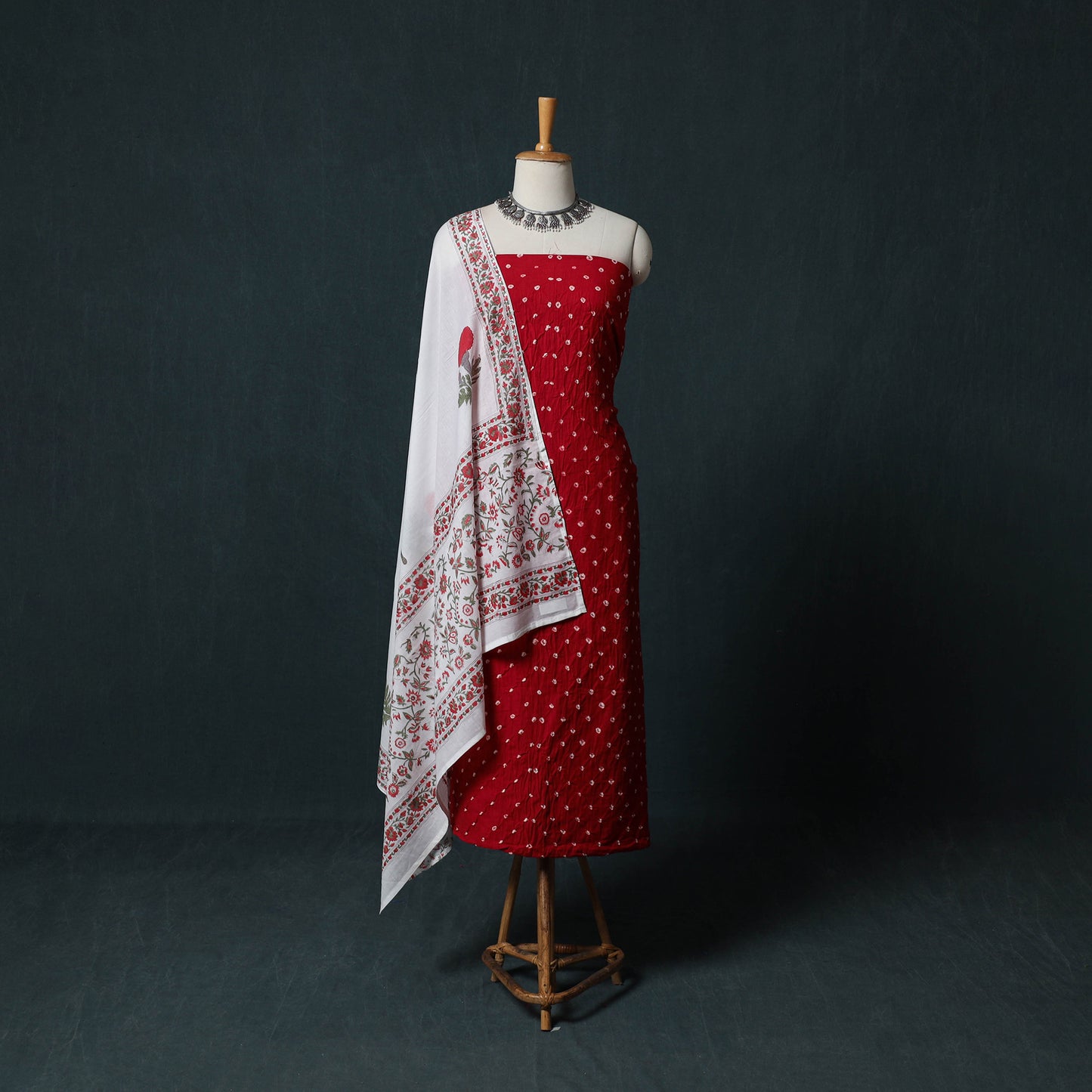 Kutch Bandhani Cotton 2pc Unstitched Dress Material Kurta Set with Earrings 40
