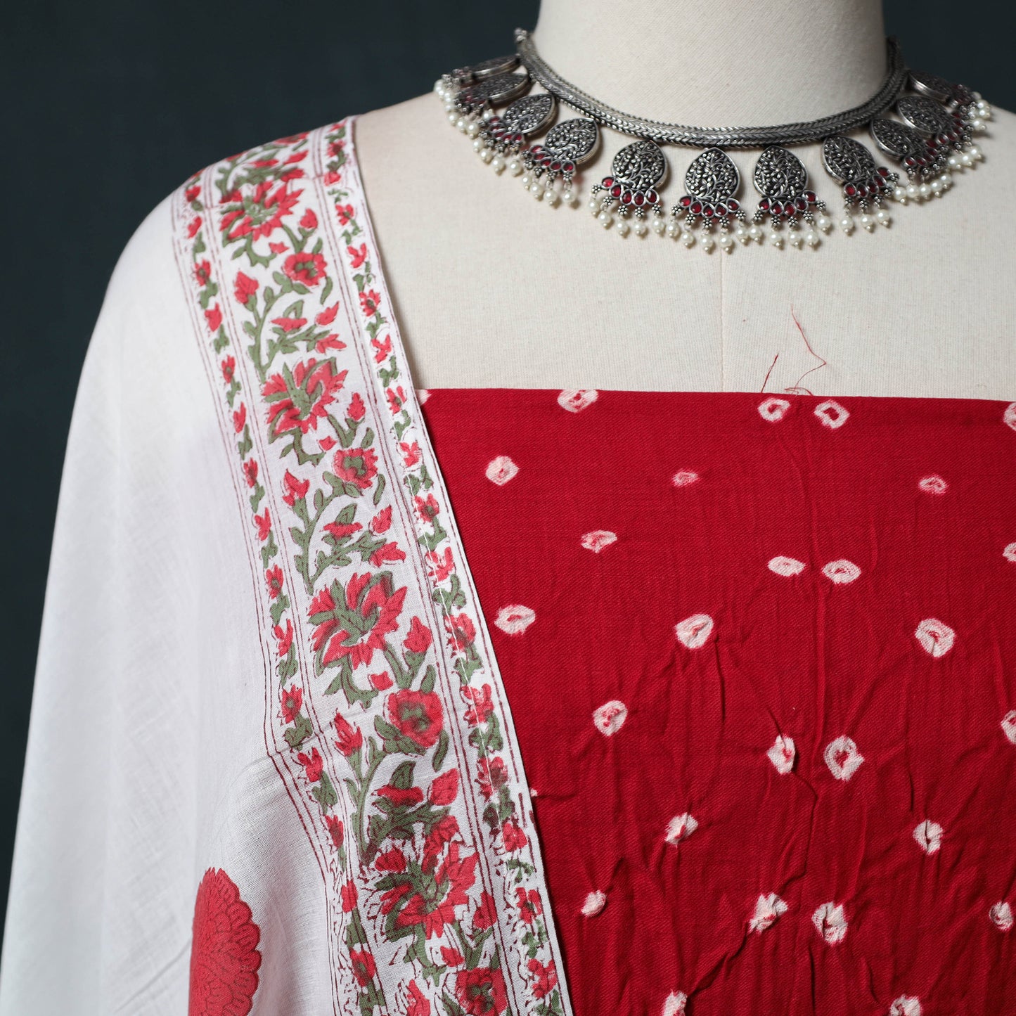 Kutch Bandhani Cotton 2pc Unstitched Dress Material Kurta Set with Earrings 40