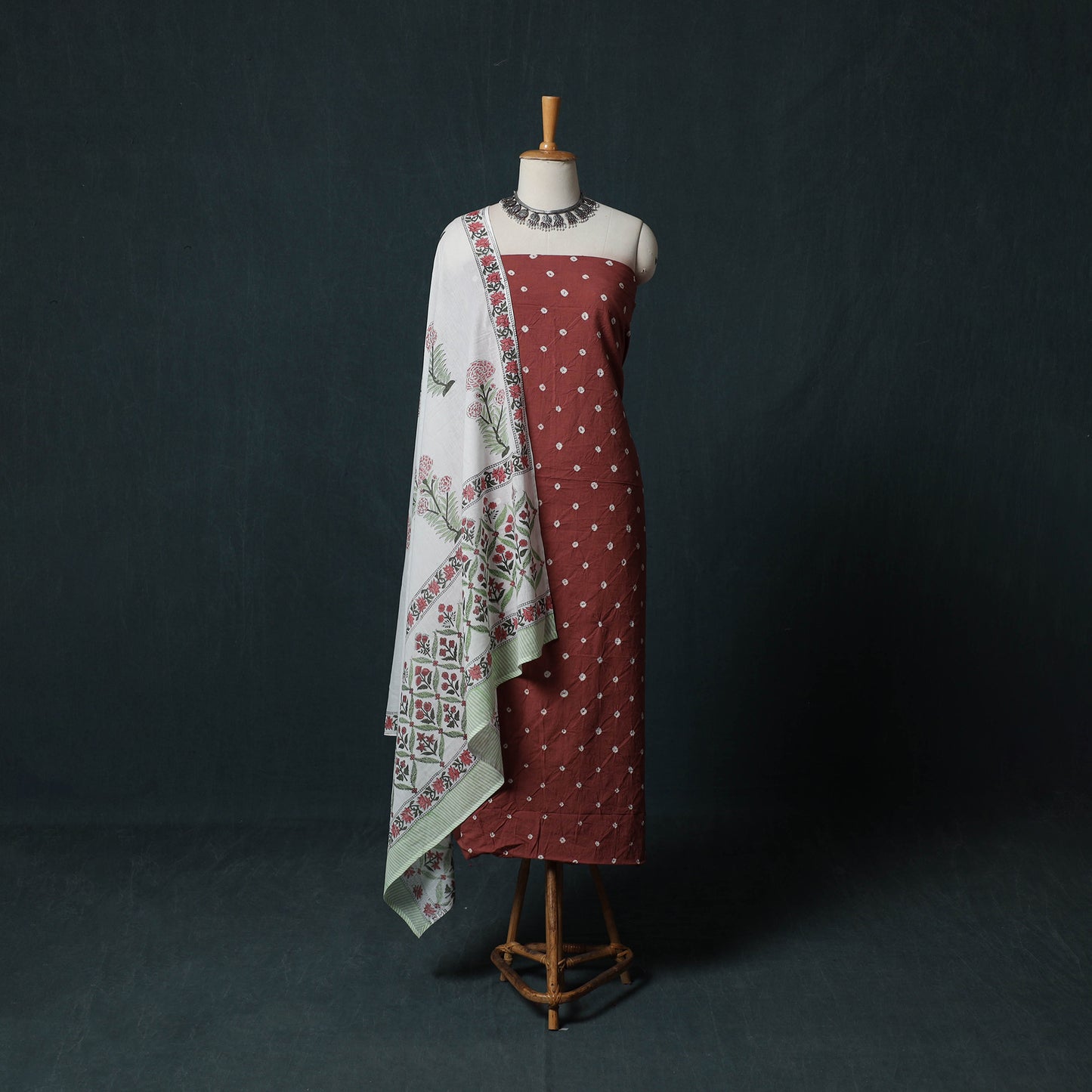 Kutch Bandhani Cotton 2pc Unstitched Dress Material Kurta Set with Earrings 41