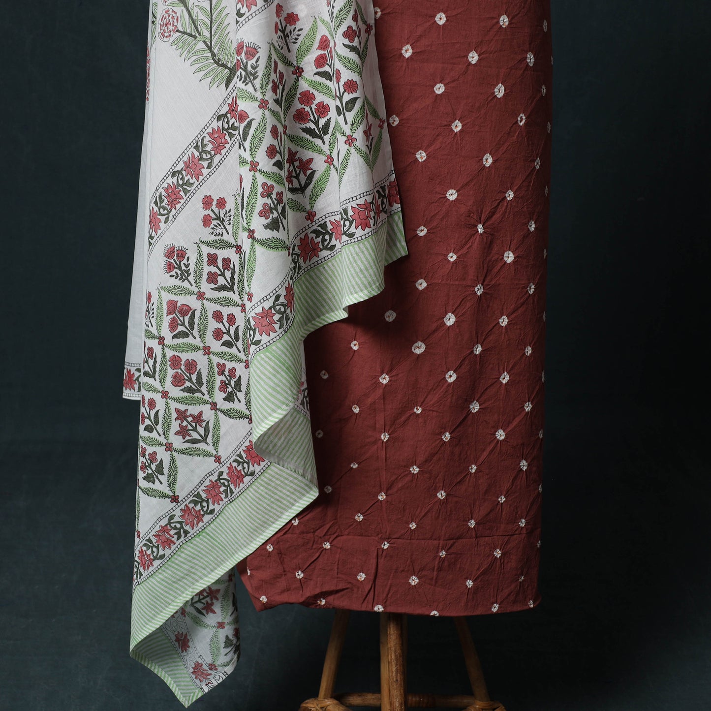 Kutch Bandhani Cotton 2pc Unstitched Dress Material Kurta Set with Earrings 41