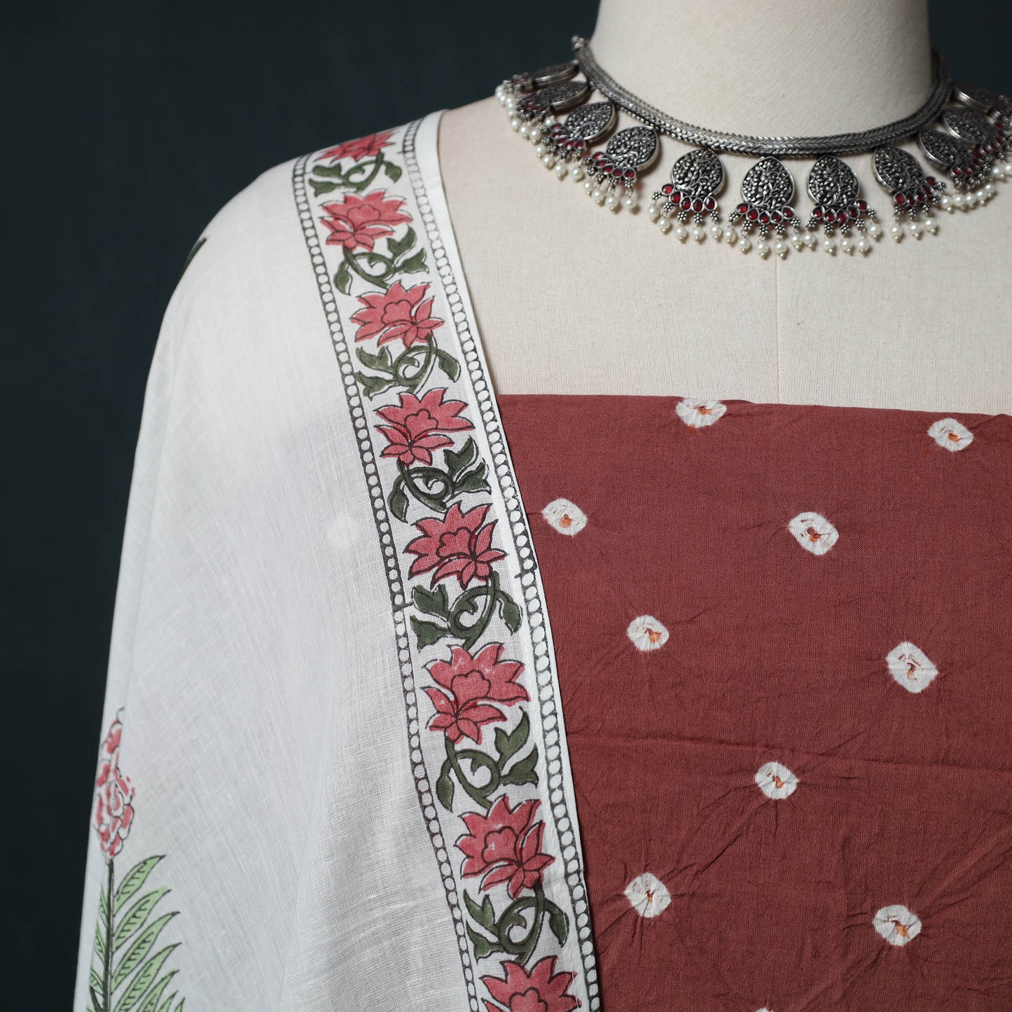 Kutch Bandhani Cotton 2pc Unstitched Dress Material Kurta Set with Earrings 41