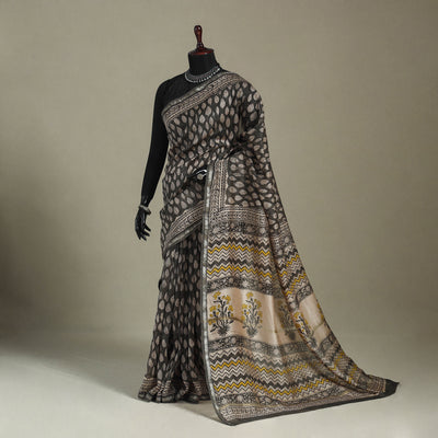Block Print Chanderi Silk Bagru Saree with Zari Border