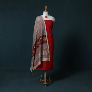 Red - Jacquard Cotton 2pc Unstitched Dress Material Kurta Set with Jewellery Set 15