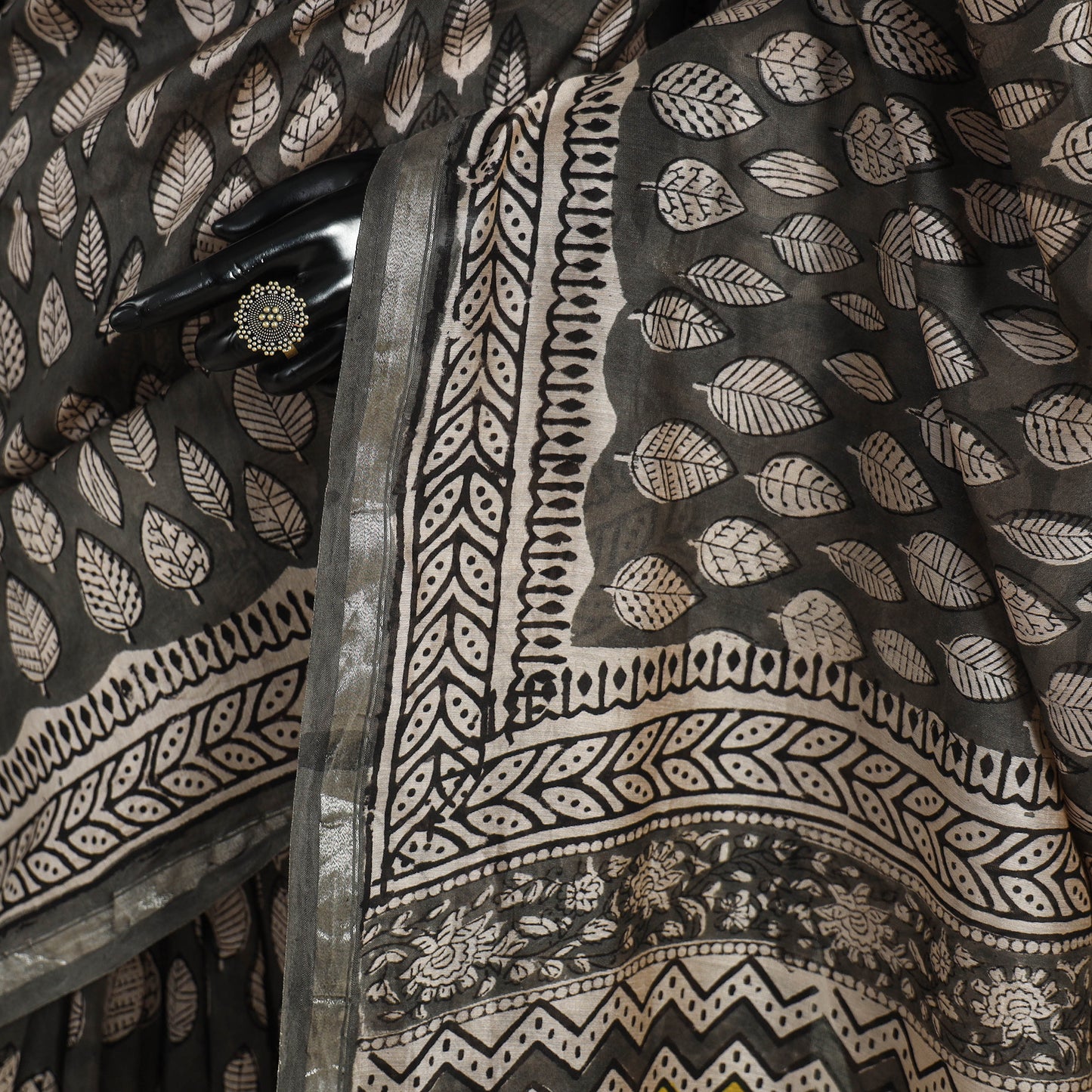 Block Print Chanderi Silk Bagru Saree with Zari Border