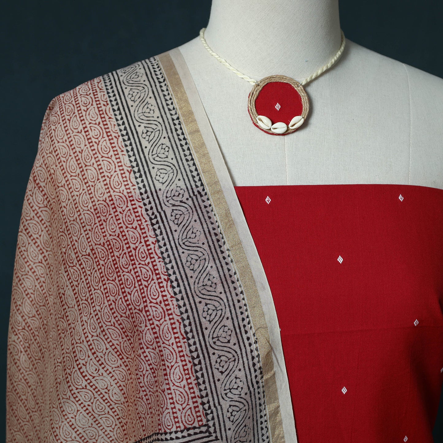 Jacquard Cotton 2pc Unstitched Dress Material Kurta Set with Jewellery Set 15