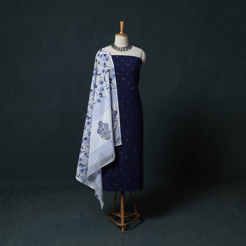 Blue - Kutch Bandhani Cotton 2pc Unstitched Dress Material Kurta Set with Earrings 42