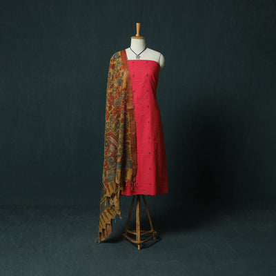 Jacquard Woven 2pc Cotton Unstitched Dress Material Kurta Set with Jewellery 01