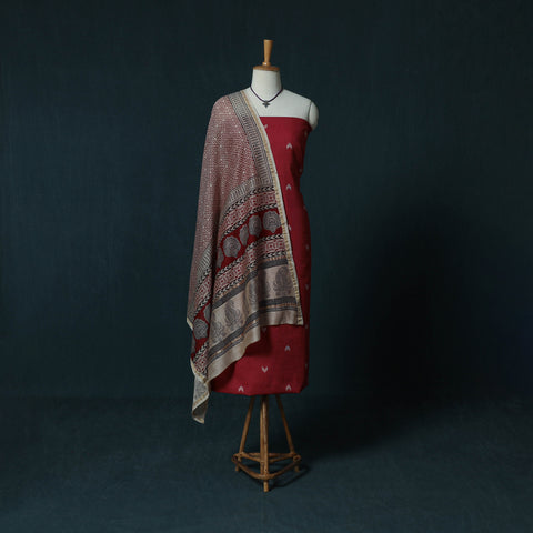 Jacquard Cotton 2pc Unstitched Dress Material Kurta Set with Jewellery Set 16