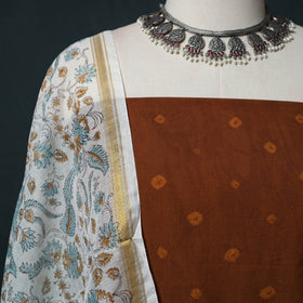Kutch Bandhani Cotton 2pc Unstitched Dress Material Kurta Set with Earrings 43