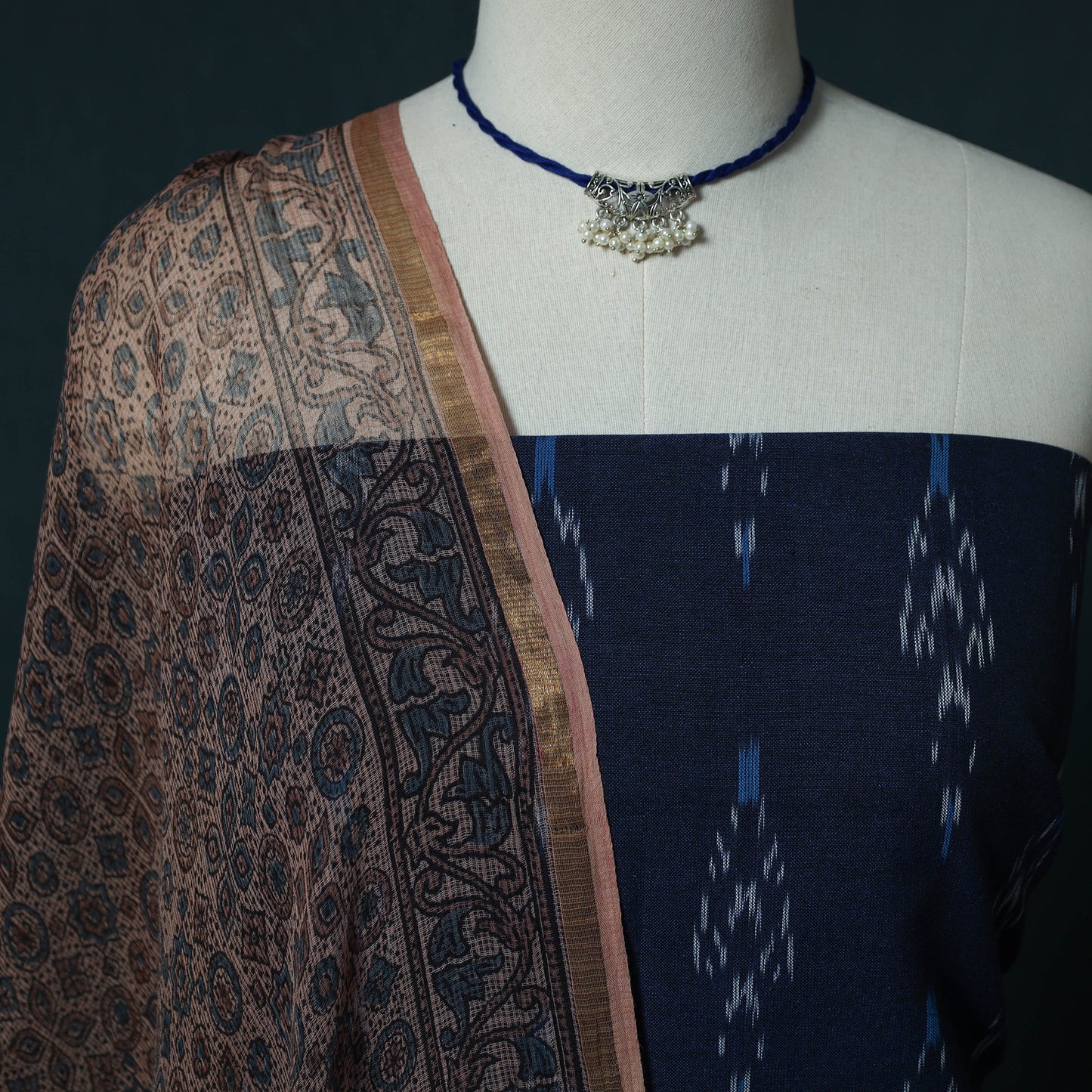 Blue - Pochampally Ikat Cotton 2pc Unstitched Dress Material Kurta Set with Jewellery Set 17