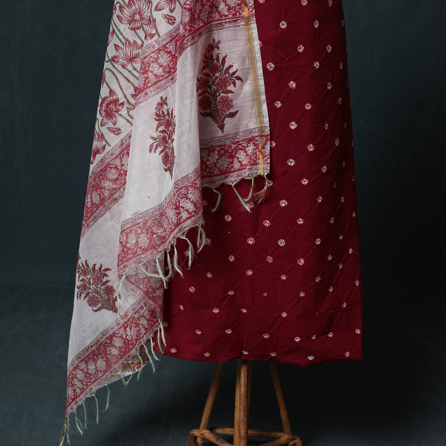 Kutch Bandhani Cotton 2pc Unstitched Dress Material Kurta Set with Earrings 44