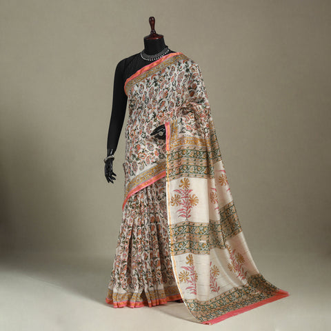 Block Print Chanderi Silk Sanganeri Saree with Zari Border