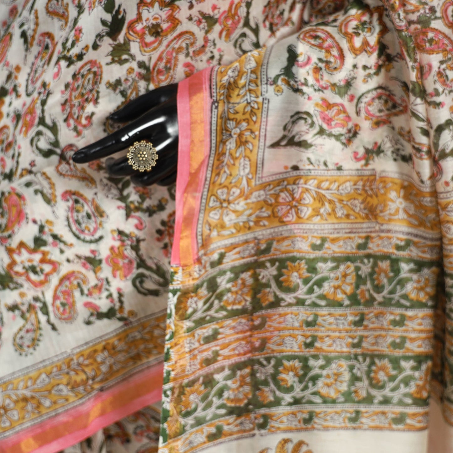 Block Print Chanderi Silk Sanganeri Saree with Zari Border