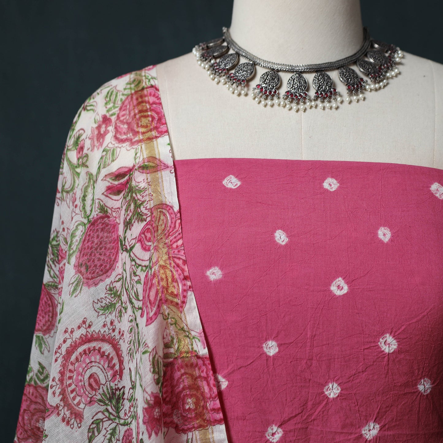 Kutch Bandhani Cotton 2pc Unstitched Dress Material Kurta Set with Earrings 45