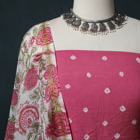 Kutch Bandhani Cotton 2pc Unstitched Dress Material Kurta Set with Earrings 45