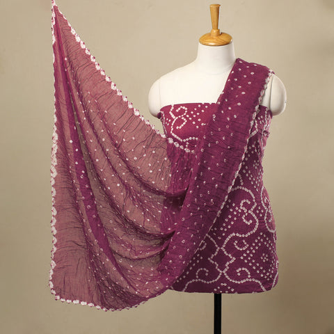 Purple - Kutch Tie-Dye Satin Cotton Bandhani 3pc Unstitched Dress Material 336