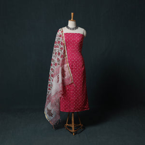 Pink - Kutch Bandhani Cotton 2pc Unstitched Dress Material Kurta Set with Earrings 46