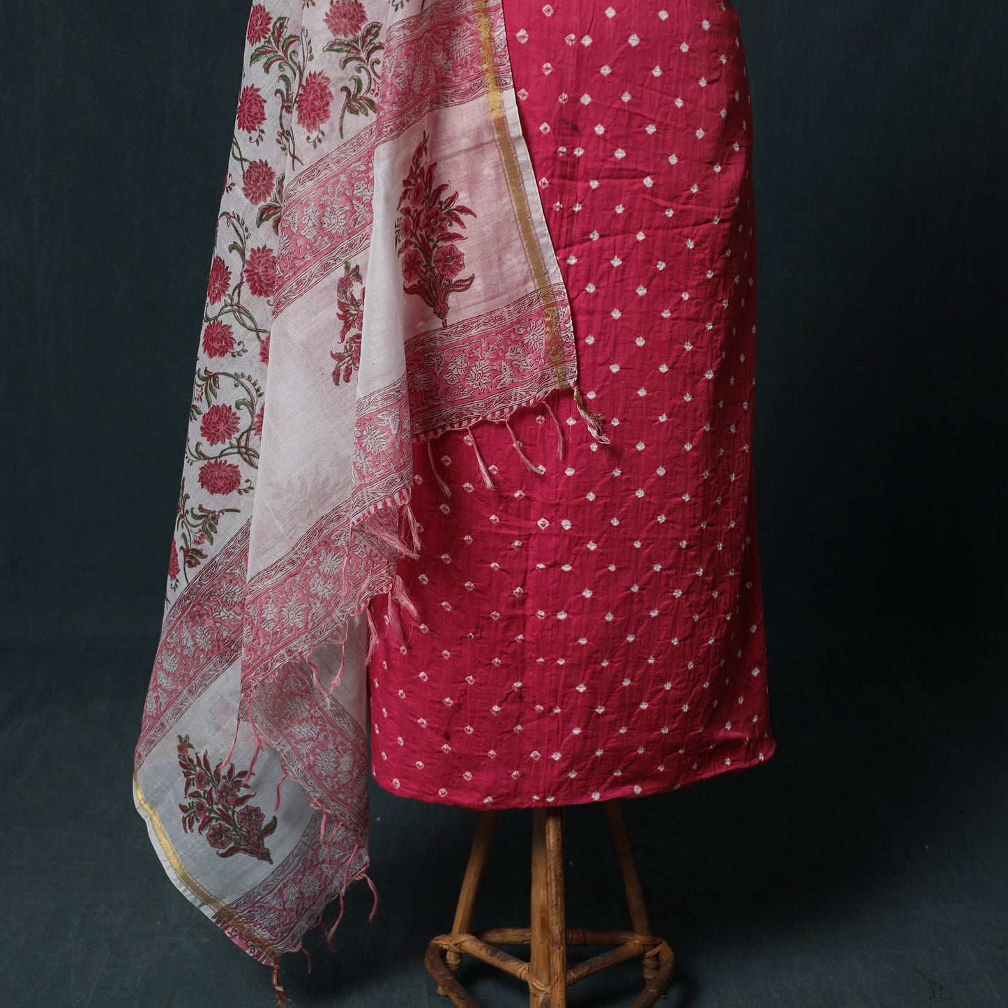 Kutch Bandhani Cotton 2pc Unstitched Dress Material Kurta Set with Earrings 46