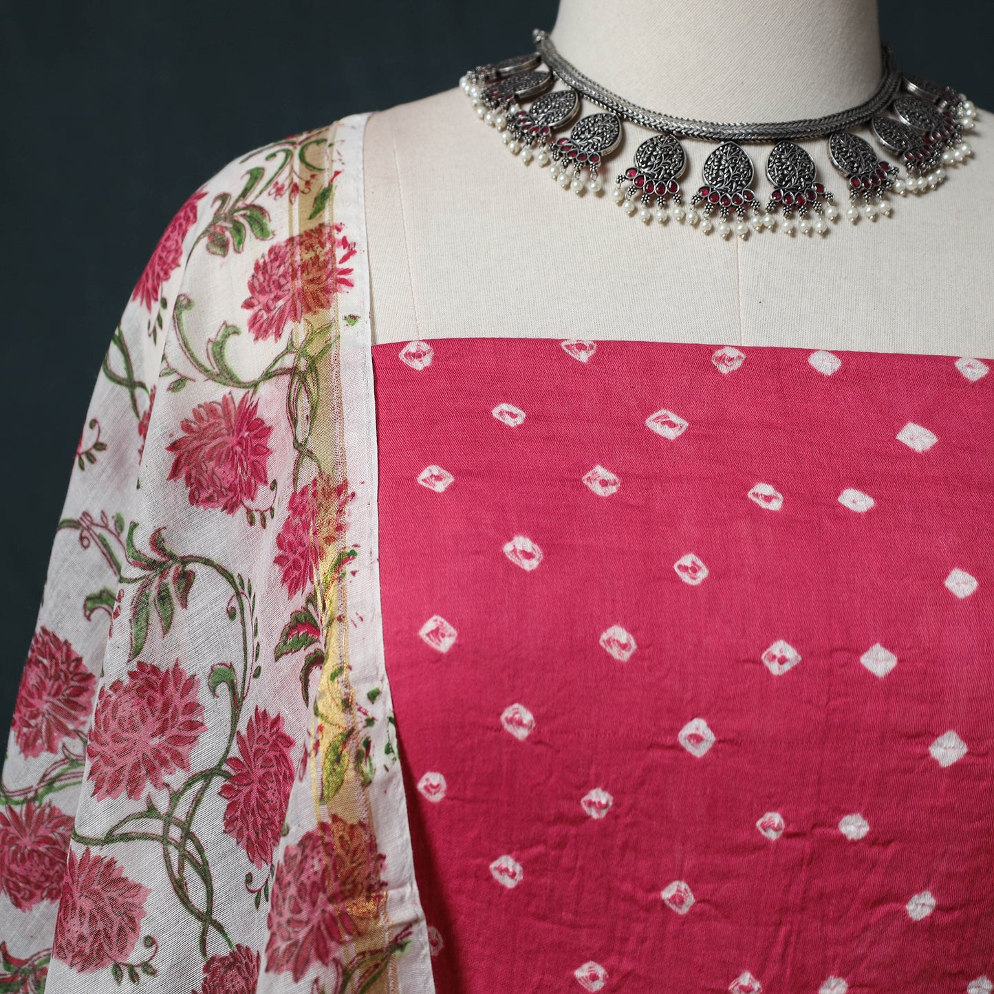 Kutch Bandhani Cotton 2pc Unstitched Dress Material Kurta Set with Earrings 46