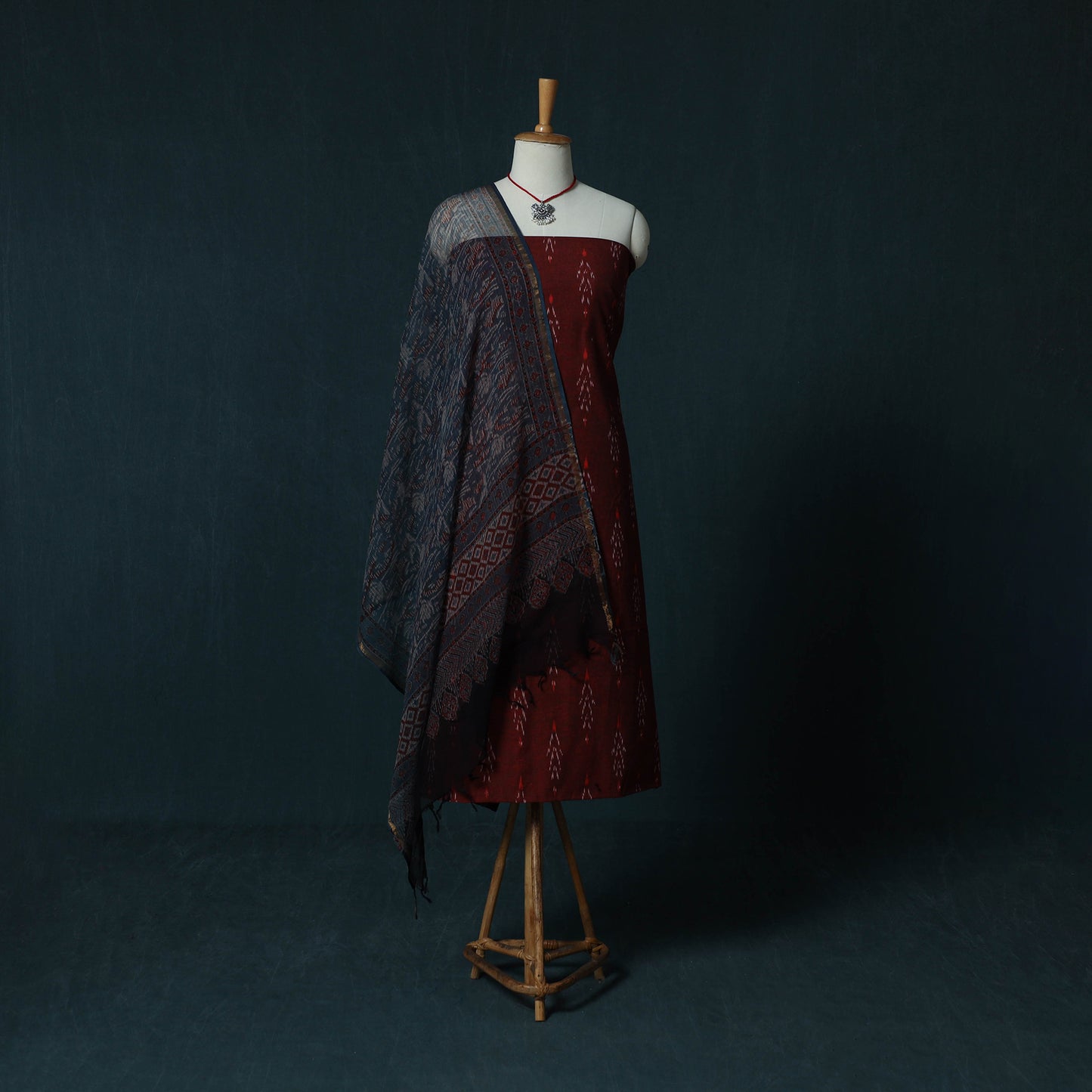 Pochampally Ikat Cotton 2pc Unstitched Dress Material Kurta Set with Jewellery Set 19