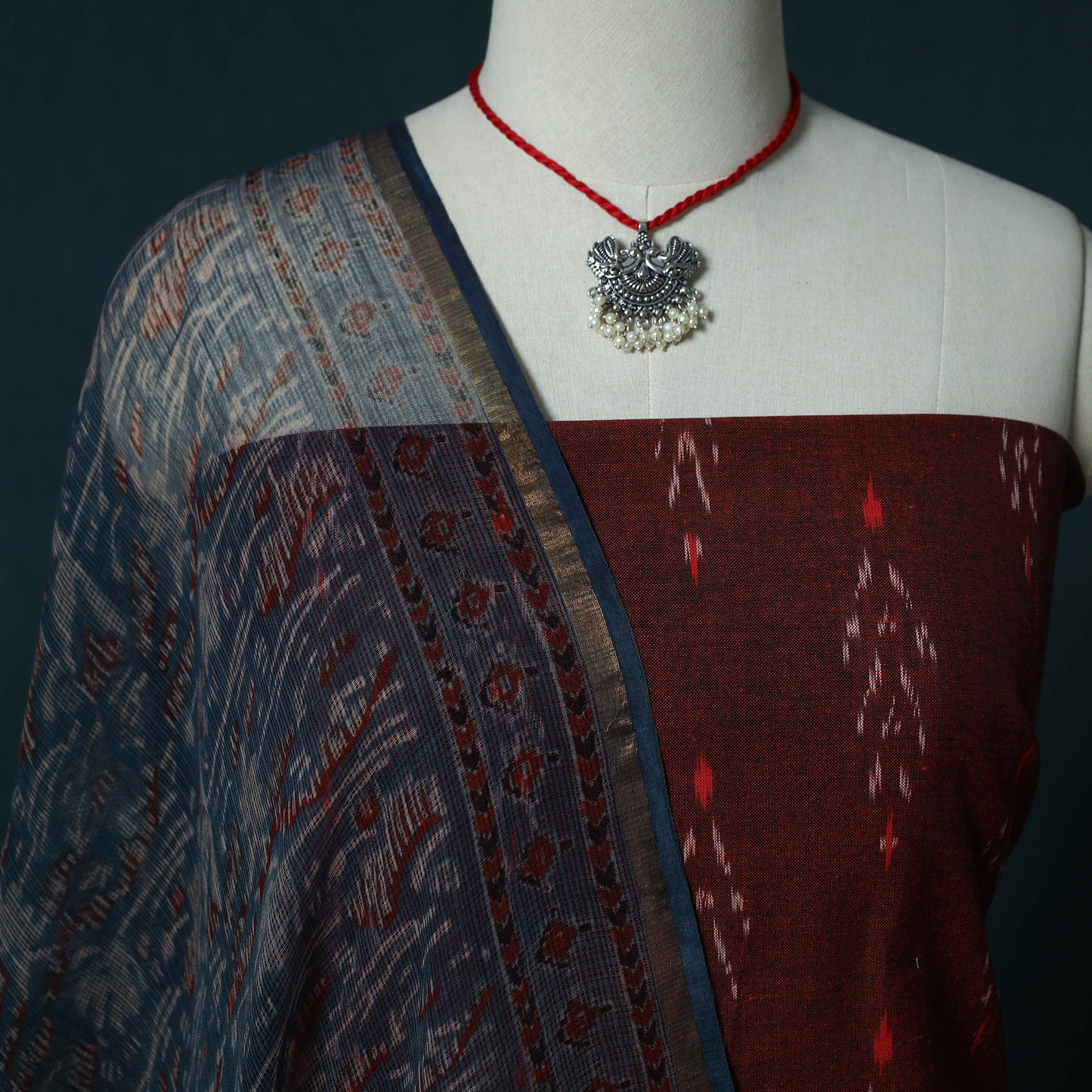 Pochampally Ikat Cotton 2pc Unstitched Dress Material Kurta Set with Jewellery Set 19