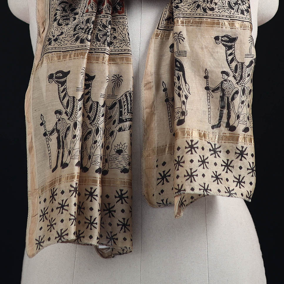 Pedana Kalamkari Hand Bock Print Natural Dyed Handloom Chanderi Silk Stole 01