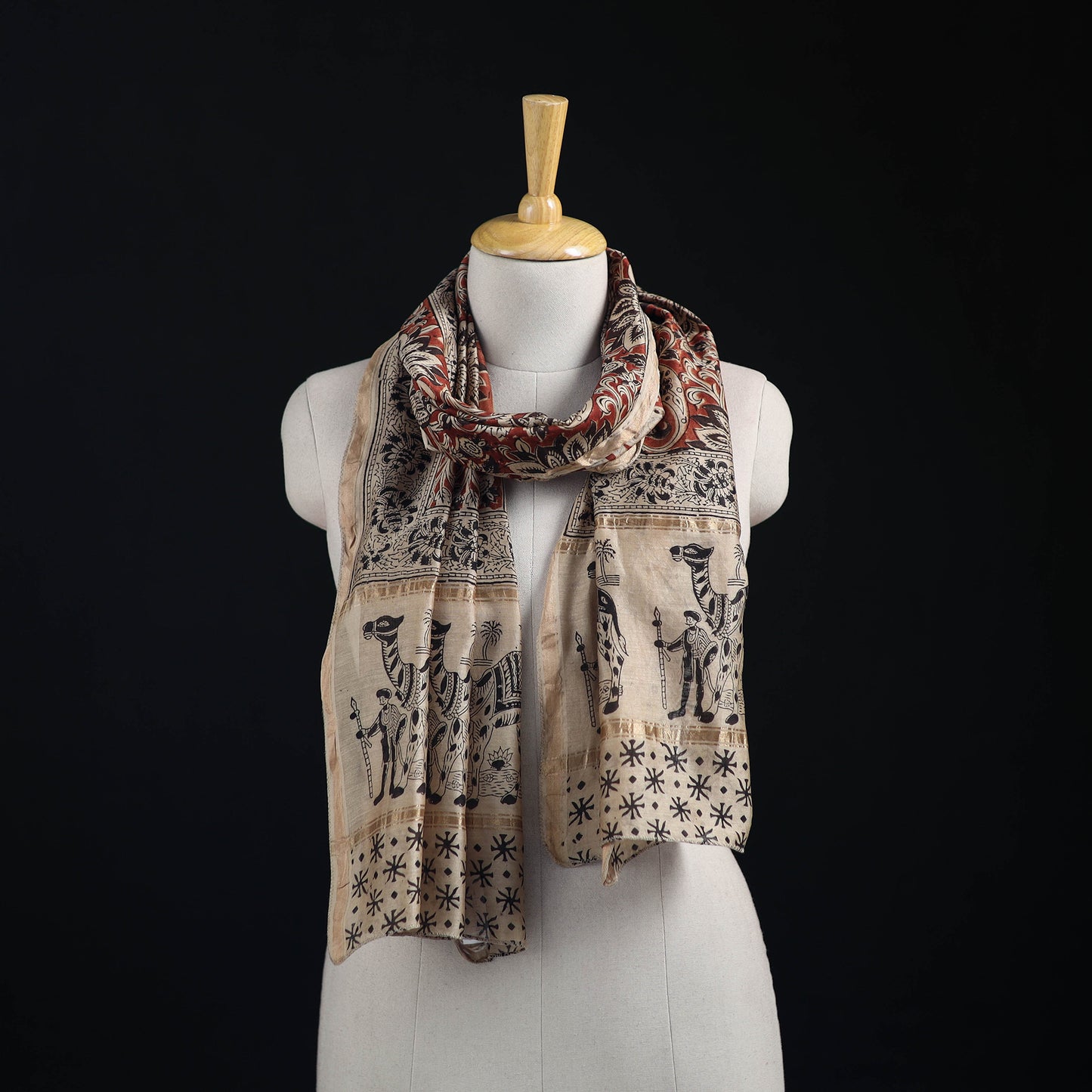 Pedana Kalamkari Hand Bock Print Natural Dyed Handloom Chanderi Silk Stole 01