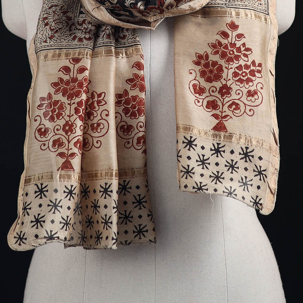 Pedana Kalamkari Hand Bock Print Natural Dyed Handloom Chanderi Silk Stole 03