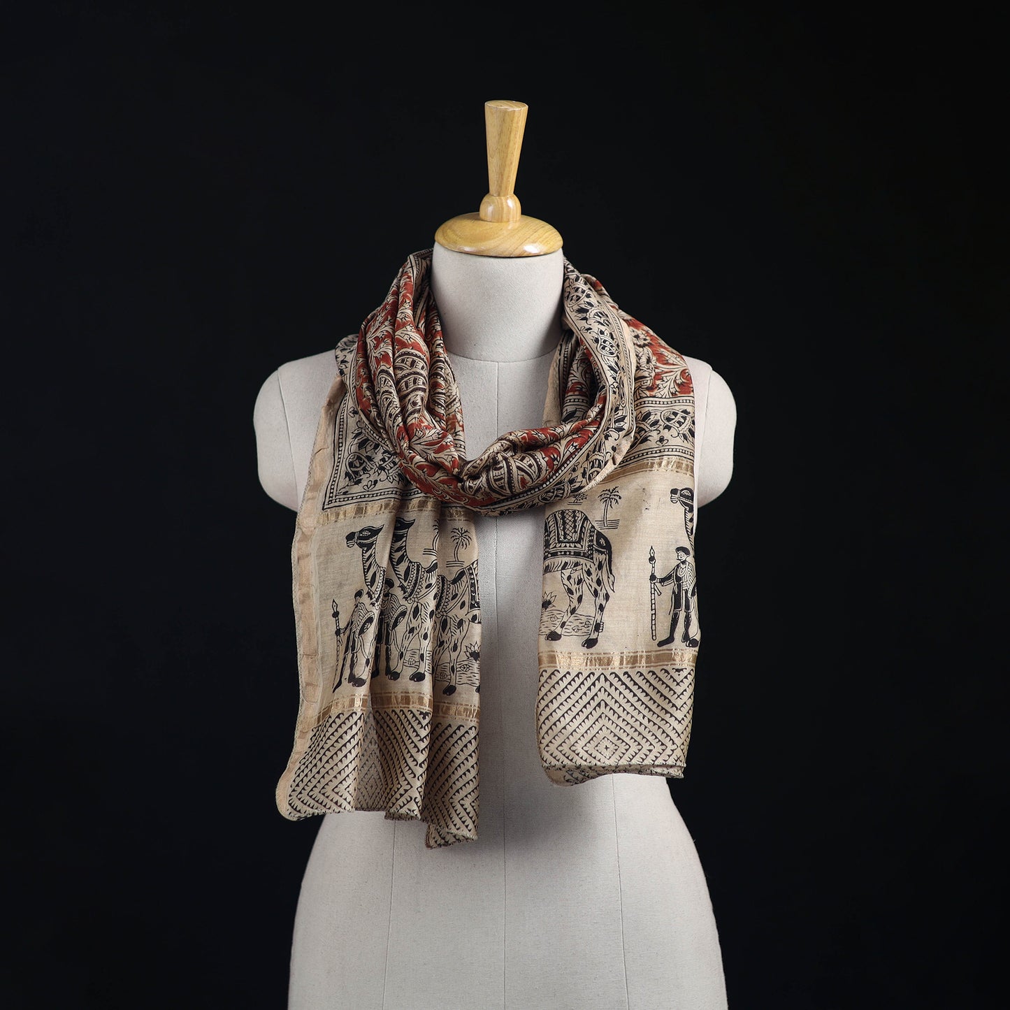 Pedana Kalamkari Hand Bock Print Natural Dyed Handloom Chanderi Silk Stole 05