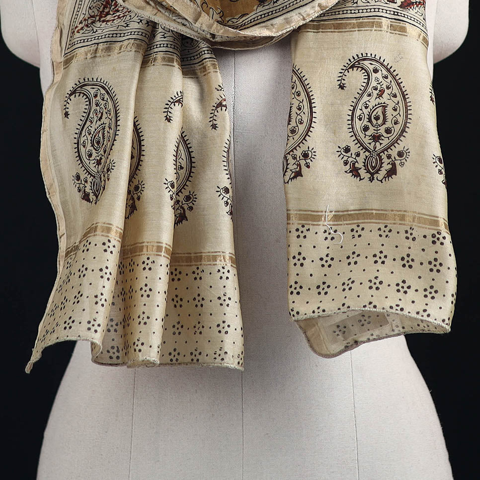 Pedana Kalamkari Hand Bock Print Natural Dyed Handloom Chanderi Silk Stole 06