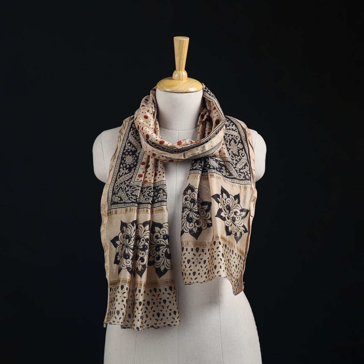 Pedana Kalamkari Hand Bock Print Natural Dyed Handloom Chanderi Silk Stole 07