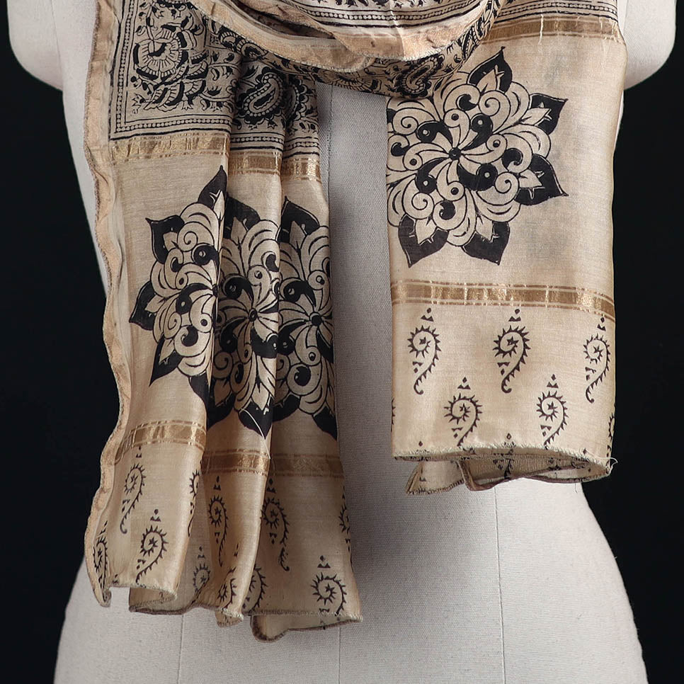 Pedana Kalamkari Hand Bock Print Natural Dyed Handloom Chanderi Silk Stole 11