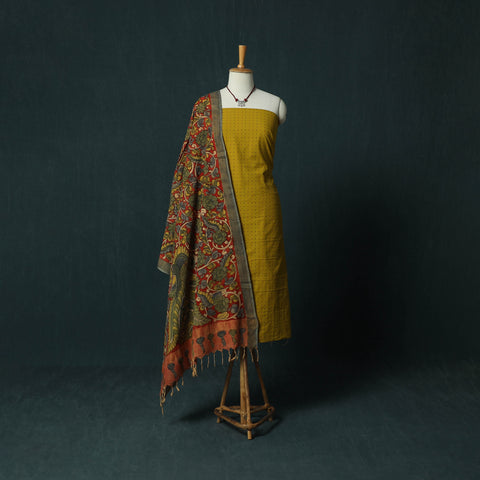 Yellow - Jacquard Woven 2pc Cotton Unstitched Dress Material Kurta Set with Jewellery 07