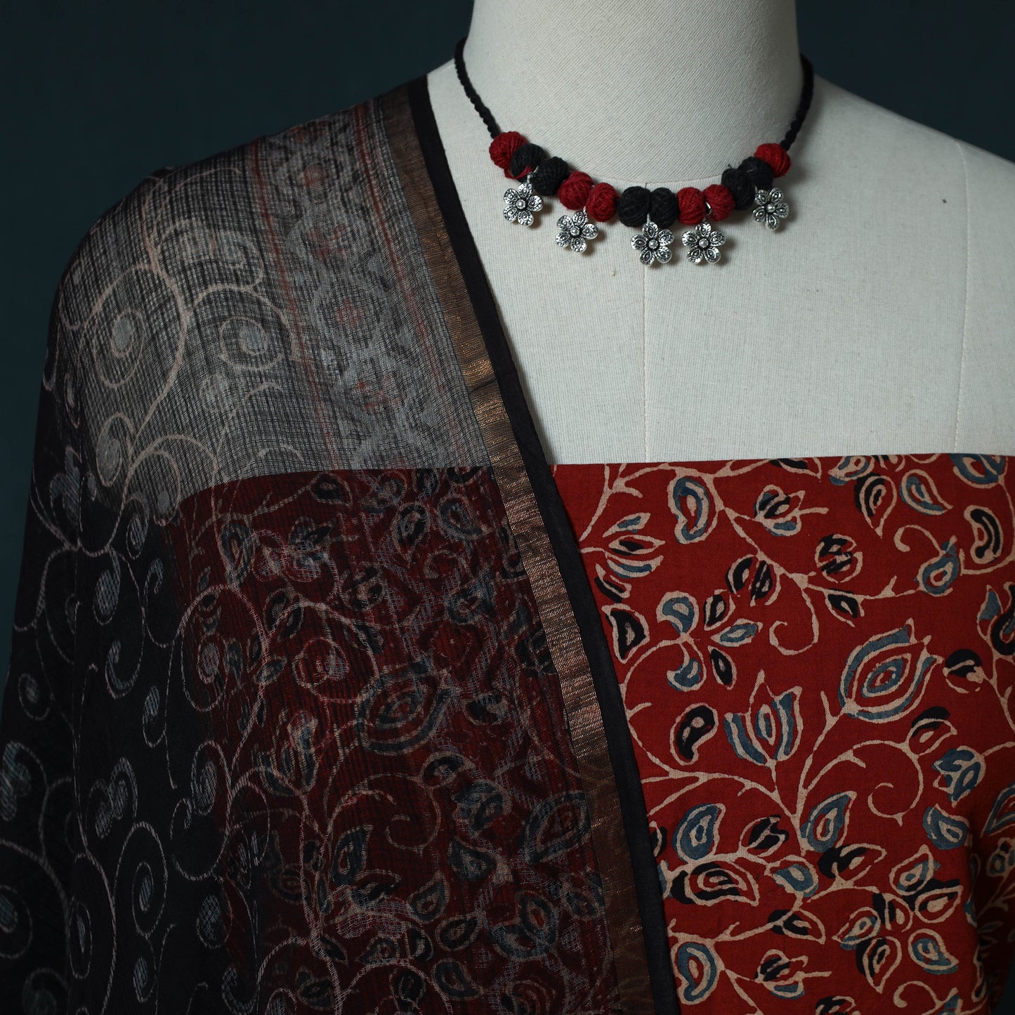 Red - Ajrakh Hand Block Print Natural Dyed Cotton 2pc Unstitched Dress Material Kurta Set with Jewellery Set 21